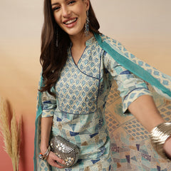Women Blue Digital Printed V-neck Kurta with Trouser & Dupatta