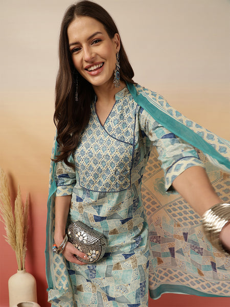 Women Blue Digital Printed V-neck Kurta with Trouser & Dupatta