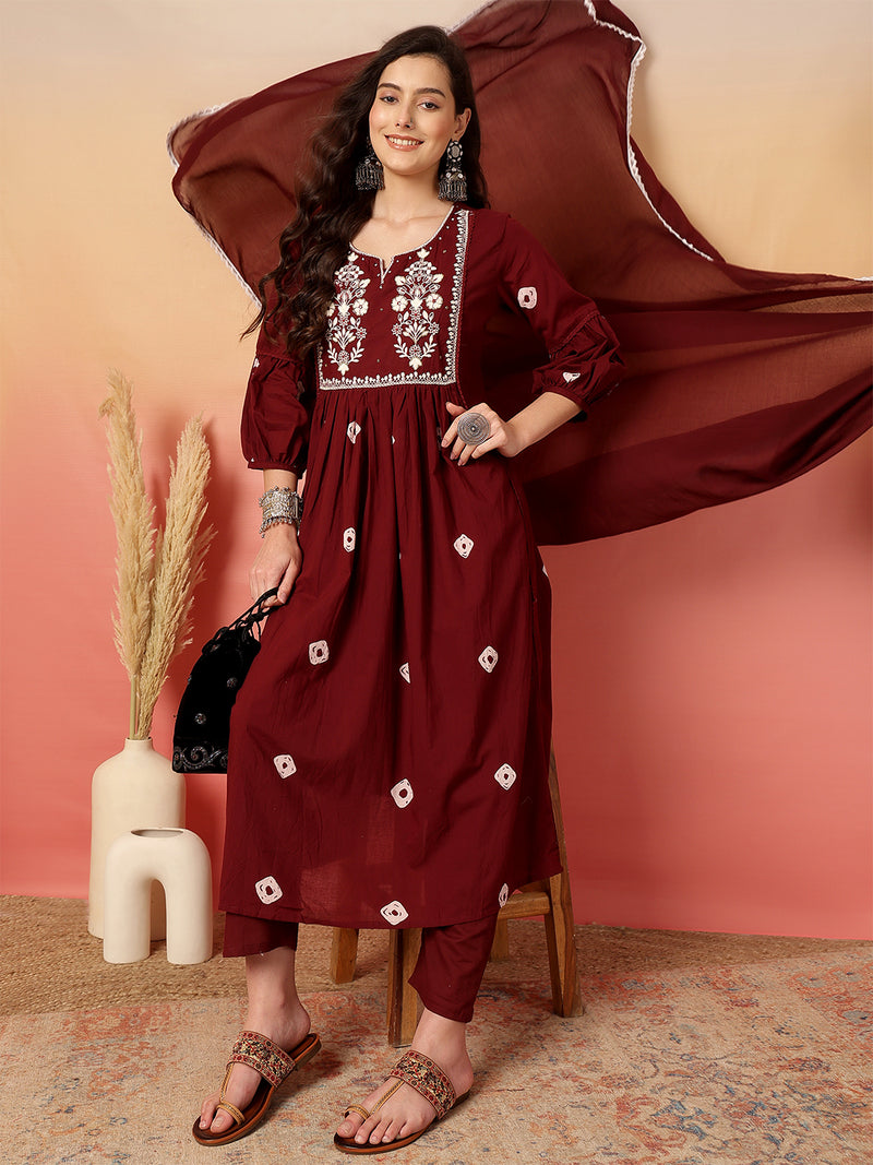 Women Cotton Maroon Embroidery Anarkali Kurta with Trouser & Dupatta