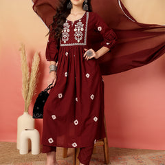 Women Cotton Maroon Embroidery Anarkali Kurta with Trouser & Dupatta