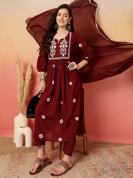 Women Cotton Maroon Embroidery Anarkali Kurta with Trouser & Dupatta