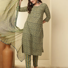 Women Cotton Printed Straight Kurta with Trouser & Dupatta