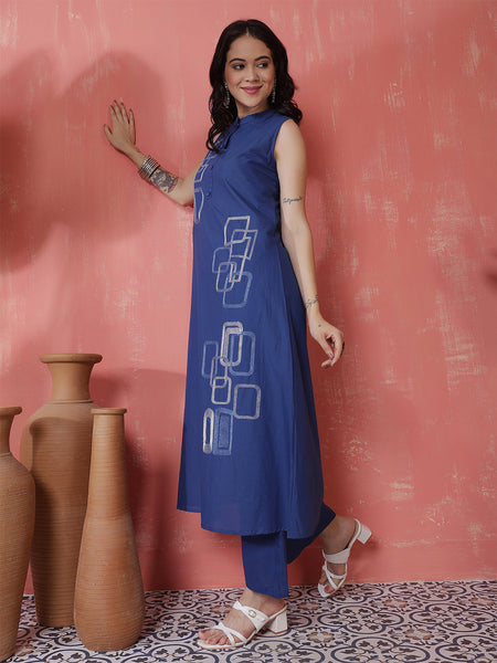 Women Royal Blue Pure Cotton Embroidery Kurta with attached sleeves and Palazzo Set