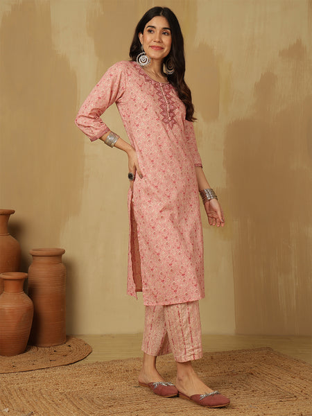 Women Pink Yoke Embroidery Printed kurta with trouser & dupatta