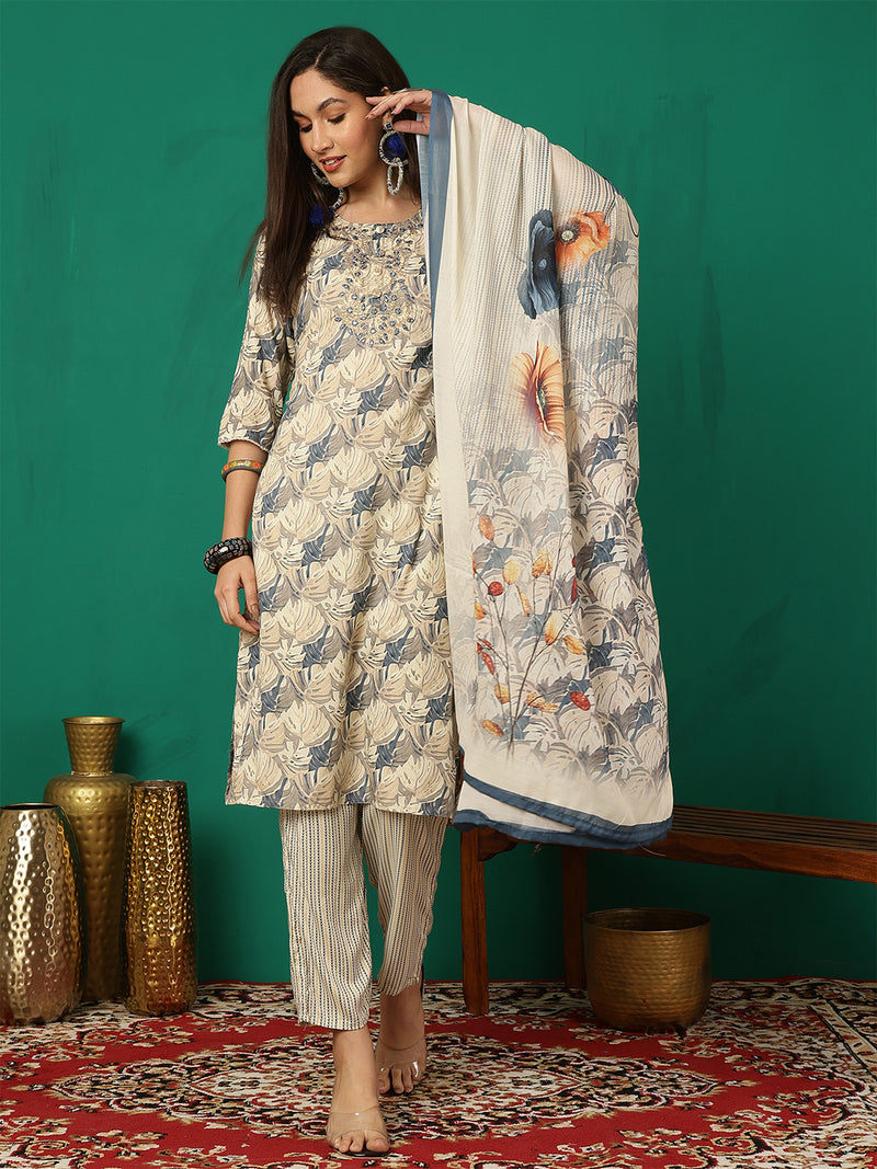 Women Ice Blue Yoke Embroidery Kurta with Trouser & Dupatta