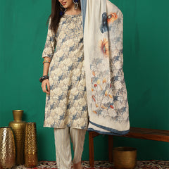 Women Ice Blue Yoke Embroidery Kurta with Trouser & Dupatta