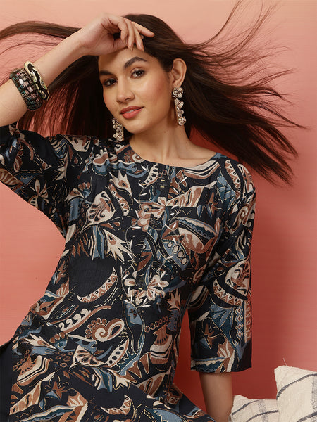 Women Blue Foil Printed Kurta with Trouser