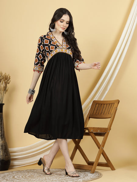 Women Black Block Printed A_line Calf Length Designer Ethnic Dress