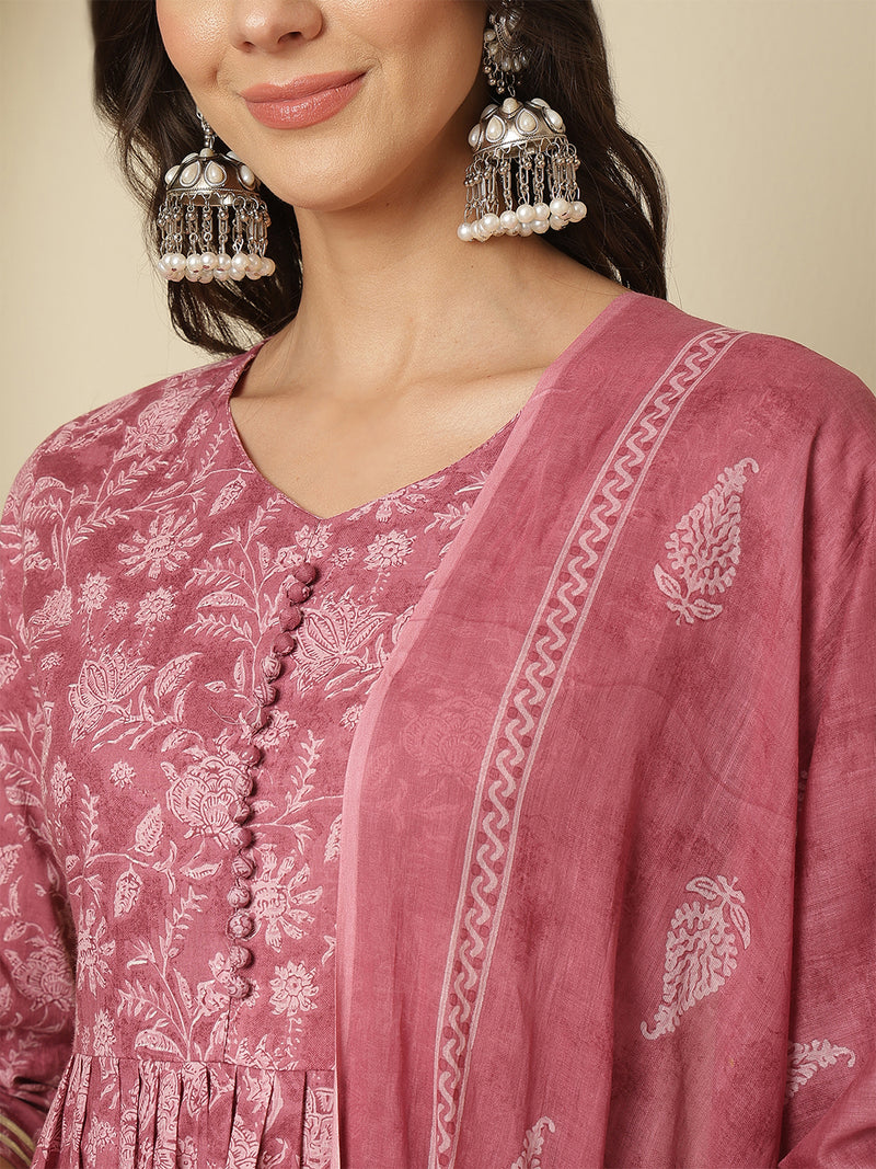 Women Cotton Printed Nayra Cut, Round Neck Kurta with Trouser & Dupatta