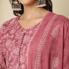 Women Cotton Printed Nayra Cut, Round Neck Kurta with Trouser & Dupatta