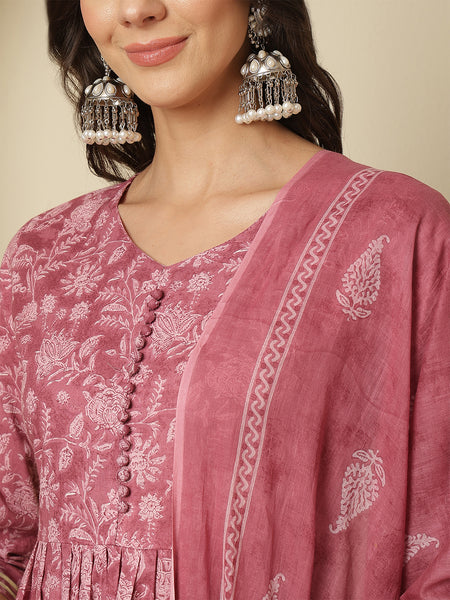 Women Cotton Printed Nayra Cut, Round Neck Kurta with Trouser & Dupatta