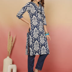 Sangira Women Cotton Printed V-neck, Straight Kurta with Trouser & Dupatta
