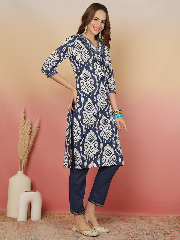 Sangira Women Cotton Printed V-neck, Straight Kurta with Trouser & Dupatta