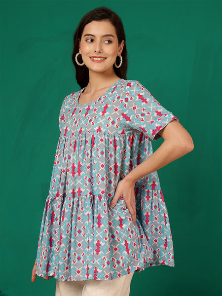 ANAISA Women Cotton Printed Sky blue & Pink Fit and Flare Summer Top