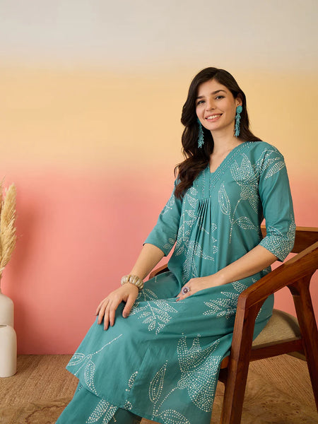 Women Pure Cotton Abstract Printed A-line Kurta with Palazzo Set
