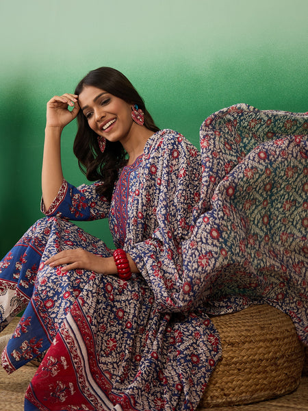 Women Cotton Blue & Red Straight Kurta with Afgani Pant & Dupatta
