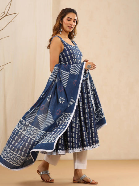 Women Indigo Blue Printed Anarkali Kurta with trousers & Dupatta