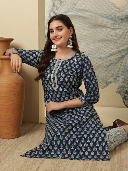 Women Cotton Printed Blue Straight Kurta with Trouser & Dupatta