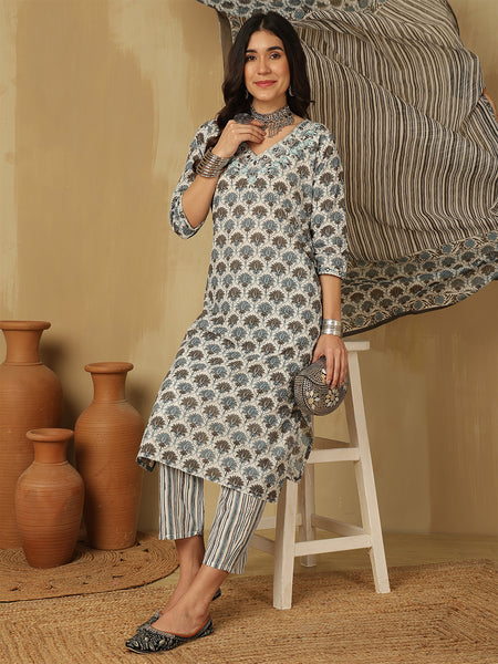Women Cotton Printed Straight Kurta With Trouser & Dupatta
