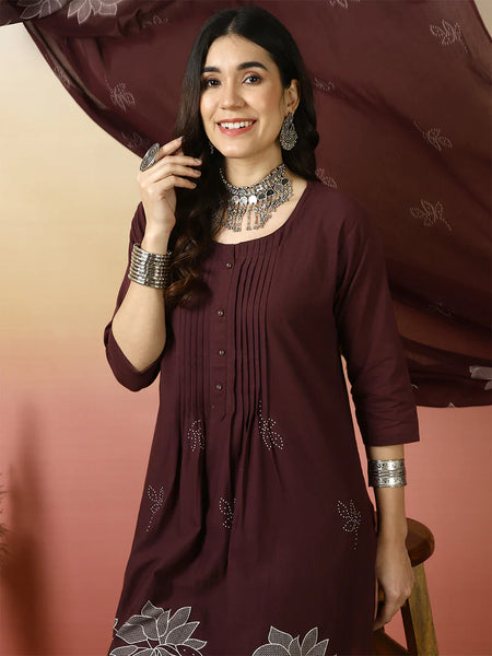 Women Cotton Discharge Printed A-line Kurta with Trouser & Dupatta