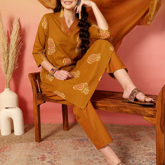 Women Mustard Cotton Printed V-neck Straight Kurta with Trouser & Dupatta