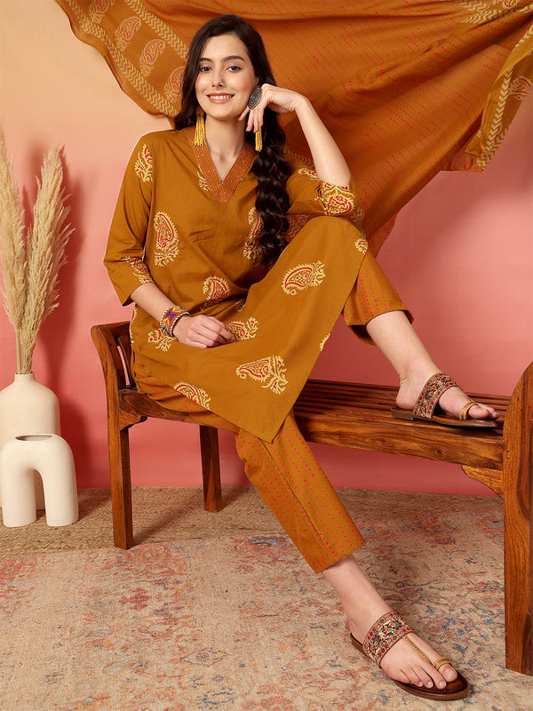 Women Mustard Cotton Printed V-neck Straight Kurta with Trouser & Dupatta