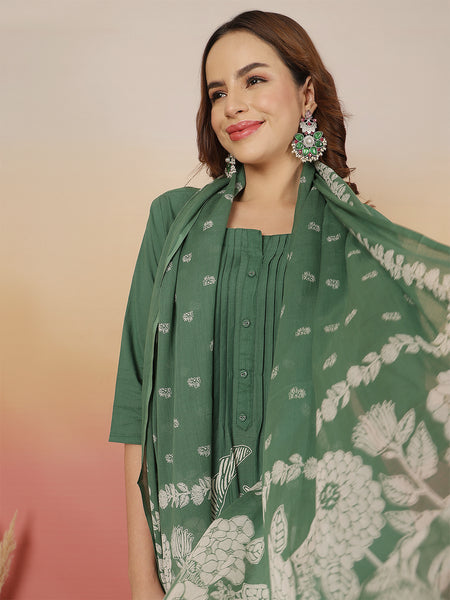 Women Green Cotton Discharge Printed A-line Kurta With Dupatta