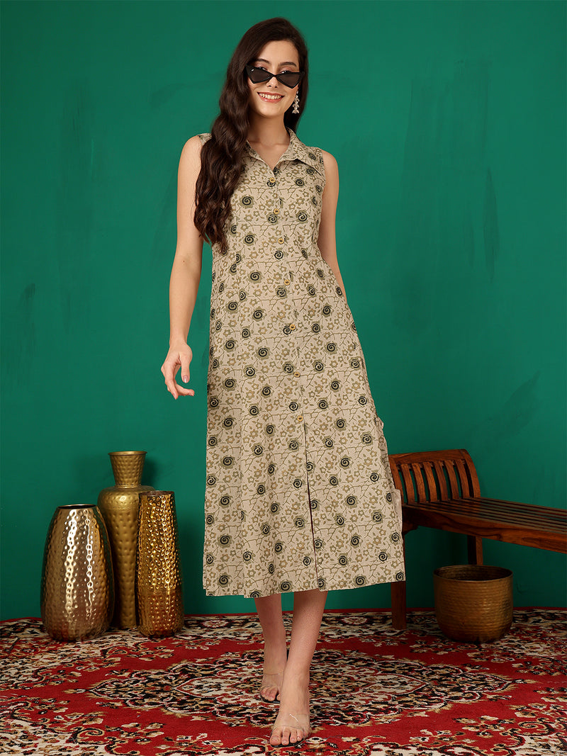 ANAISA Women Brown Printed Cotton Sleeveless, Collar Neck, Calf Length Midi Summer Dress