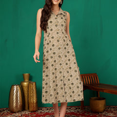 ANAISA Women Brown Printed Cotton Sleeveless, Collar Neck, Calf Length Midi Summer Dress