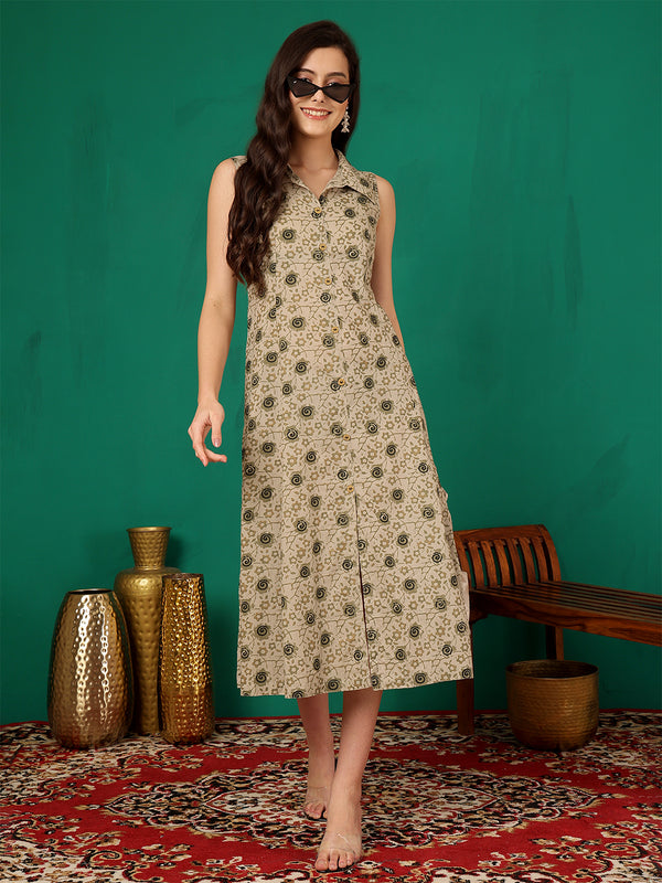 ANAISA Women Brown Printed Cotton Sleeveless, Collar Neck, Calf Length Midi Summer Dress