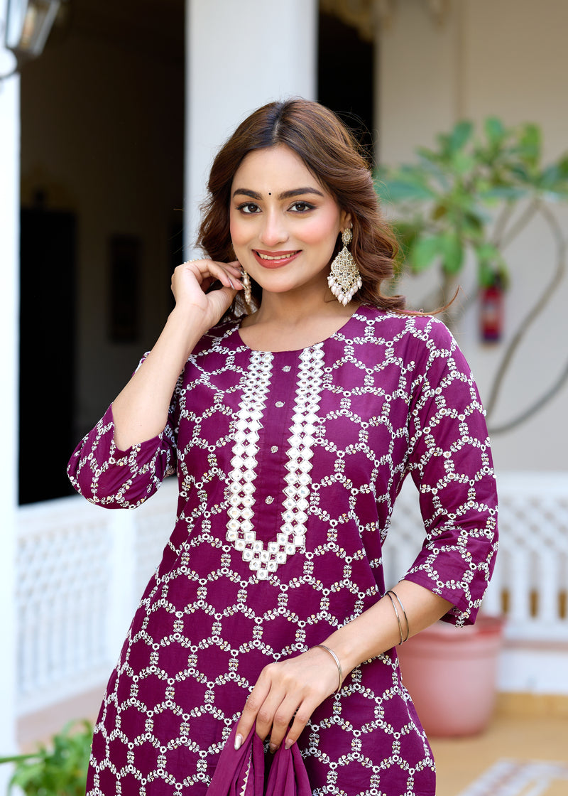 ANAISA Women cotton Schiffli embroidered Kurta with Trouser & Dupatta