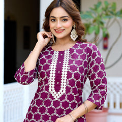 ANAISA Women cotton Schiffli embroidered Kurta with Trouser & Dupatta