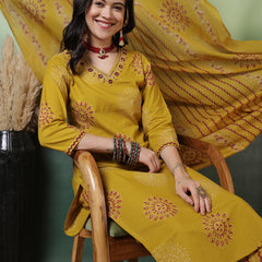 Women Pure Cotton Mustard Hand Work Yoke Printed Kurta with Trouser & Dupatta