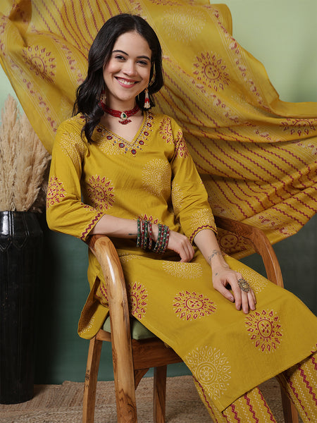 Women Pure Cotton Mustard Hand Work Yoke Printed Kurta with Trouser & Dupatta