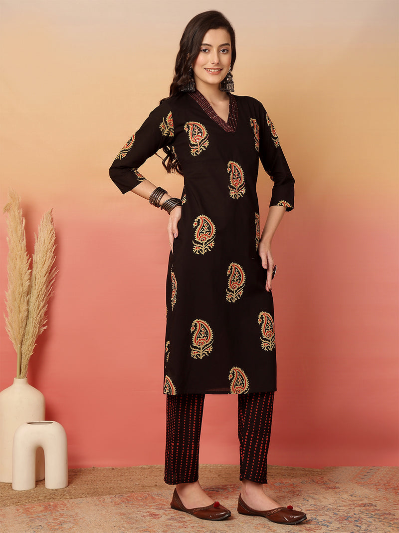Women Brown Cotton Printed V-neck Straight Kurta with Trouser & Dupatta