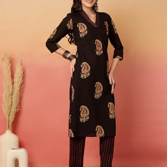Women Brown Cotton Printed V-neck Straight Kurta with Trouser & Dupatta
