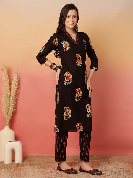 Women Brown Cotton Printed V-neck Straight Kurta with Trouser & Dupatta