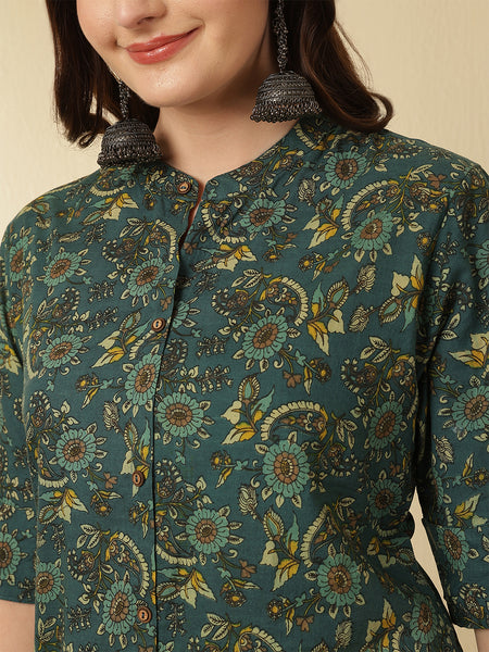 Women Green Cotton Flora Printed A-line Kurta with Trouser
