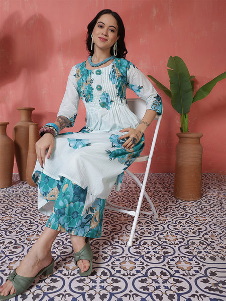 Women Blue Pure Cotton Floral Printed Kurta with Palazzo Set