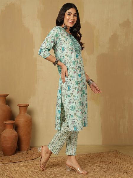 Women Blue Cotton Printed Kurta With Trouser & Dupatta