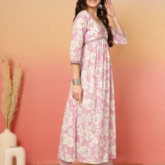ANAISA Women Cotton Light Pink Floral Printed V-neck,Calf Length  Anarkali Kurta with Pant & Dupatta