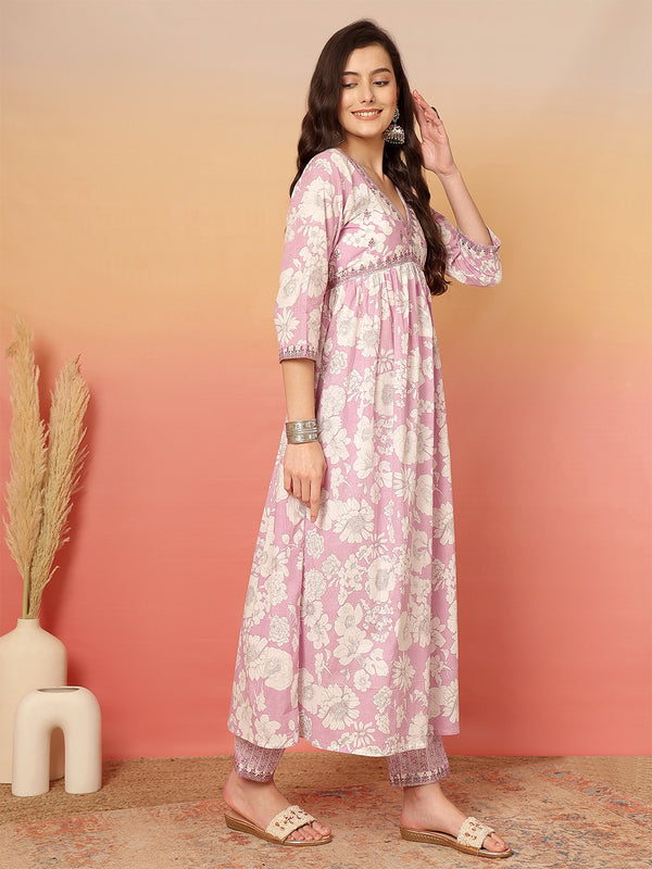 ANAISA Women Cotton Light Pink Floral Printed V-neck,Calf Length  Anarkali Kurta with Pant & Dupatta