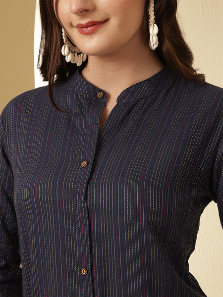 Blue Katha Striped Printed A-line Kurta with Trouser