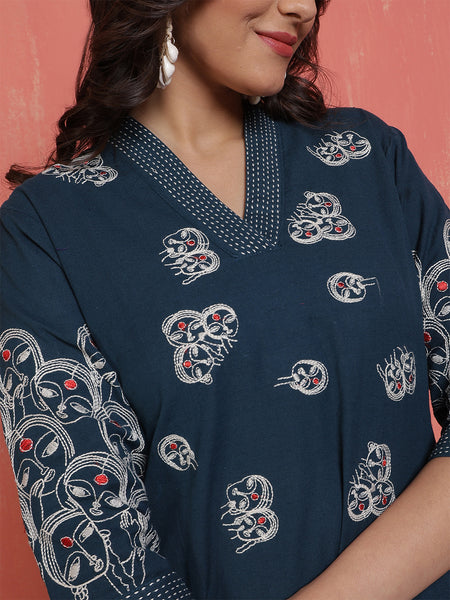 Women Cotton Flex Teal Figure Embroidery A-line Kurta with Trouser