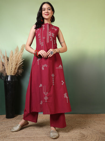 Women Cherry Pure Cotton Embroidery Kurta with attached sleeves and Palazzo Set