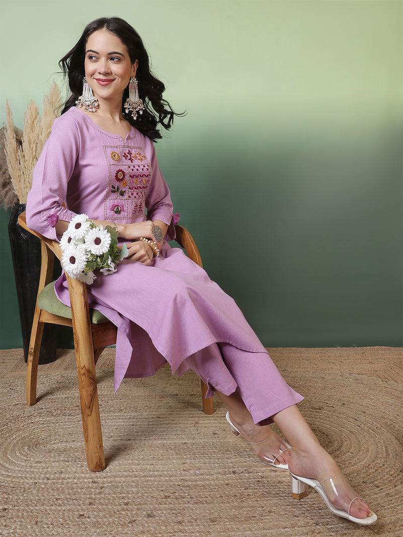 Women Lavender Cotton Flex Hand Work Kurta with Trouser Set
