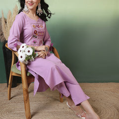 Women Lavender Cotton Flex Hand Work Kurta with Trouser Set