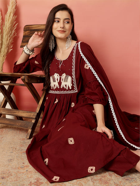 Women Pure Cotton Maroon Abstract Printed A-line Kurta with Palazzo Set