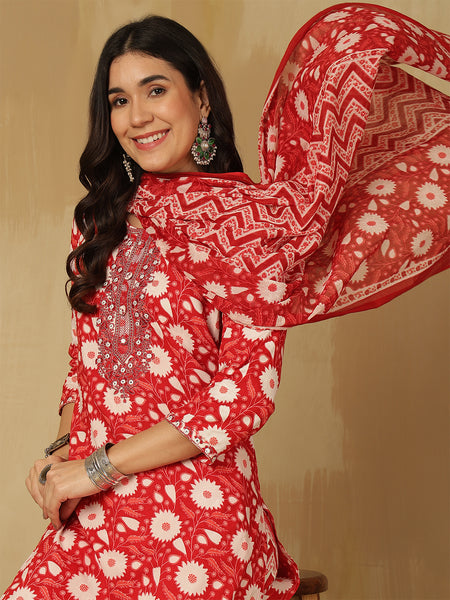 Women Floral Printed Red Kurta with Trouser & Dupatta