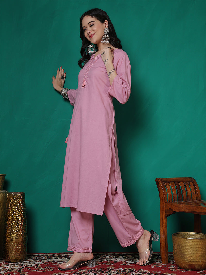 Women Lavender Cotton Flex Pocket Embroidery Kurta with Trouser Set